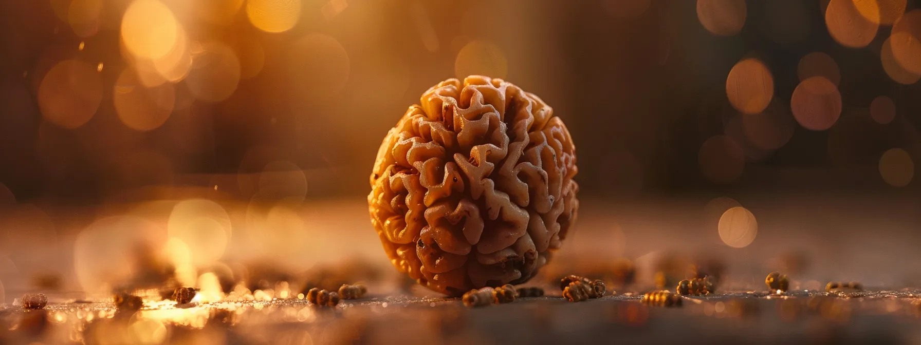 a close-up photo of a one mukhi rudraksha bead, showcasing its intricate texture and unique shape, against a soft, blurred backdrop to highlight its spiritual and cultural significance.