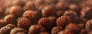 a close-up shot of iridescent rudraksha beads, glowing in the soft light, showcasing their ancient spiritual significance.