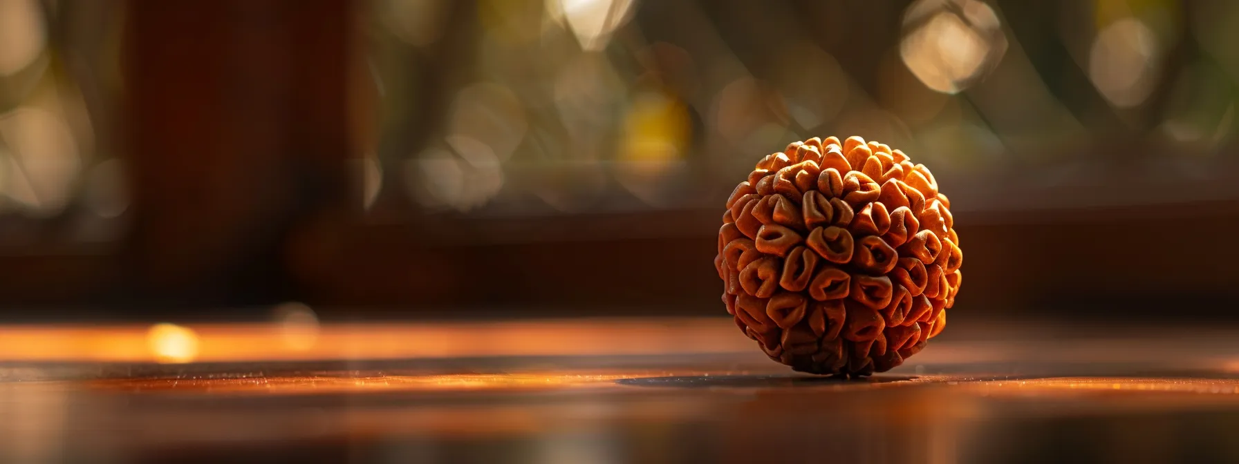 a close-up photo of a pristine one mukhi rudraksha gleaming under soft lighting, symbolizing spiritual purity and protection.