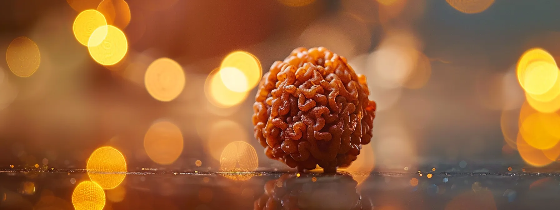 a close-up shot of a shiny, well-preserved ten mukhi rudraksha bead, symbolizing divine energy and proper care.