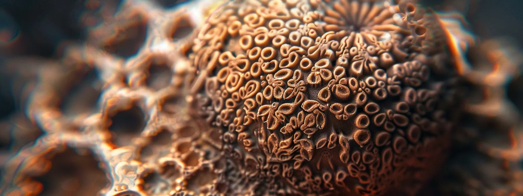 a close-up photo of a rudraksha bead under a powerful microscope, revealing intricate details and patterns within its structure.