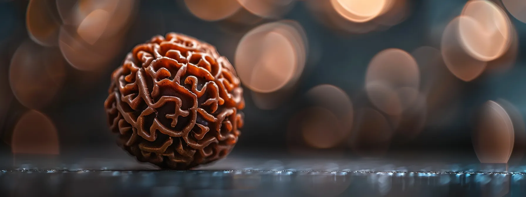 a close-up photo of a seven mukhi rudraksha bead, with intricate patterns symbolizing the seven seas and continents, radiating a sense of inner peace and harmony.