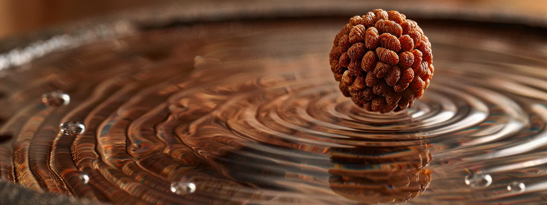 a close-up photo of a nineteen mukhi rudraksha showing natural mukhi lines, surface texture, color indicators, and the central bore hole, highlighting its authenticity and spiritual significance.