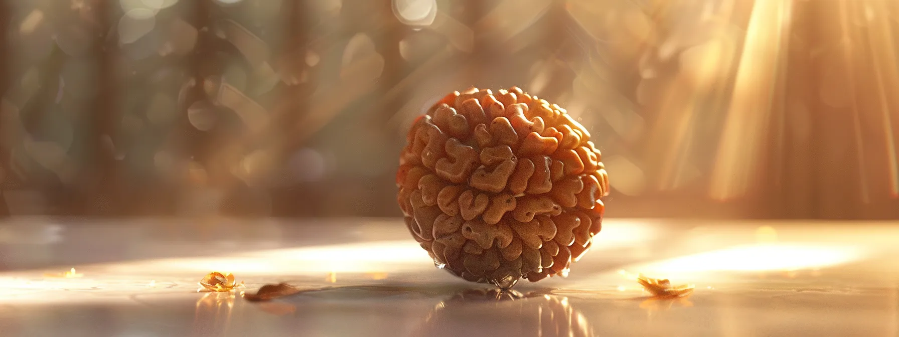 a close-up shot of a shiny nineteen mukhi rudraksha bead being gently cleaned and energetically recharged in soft, natural light.