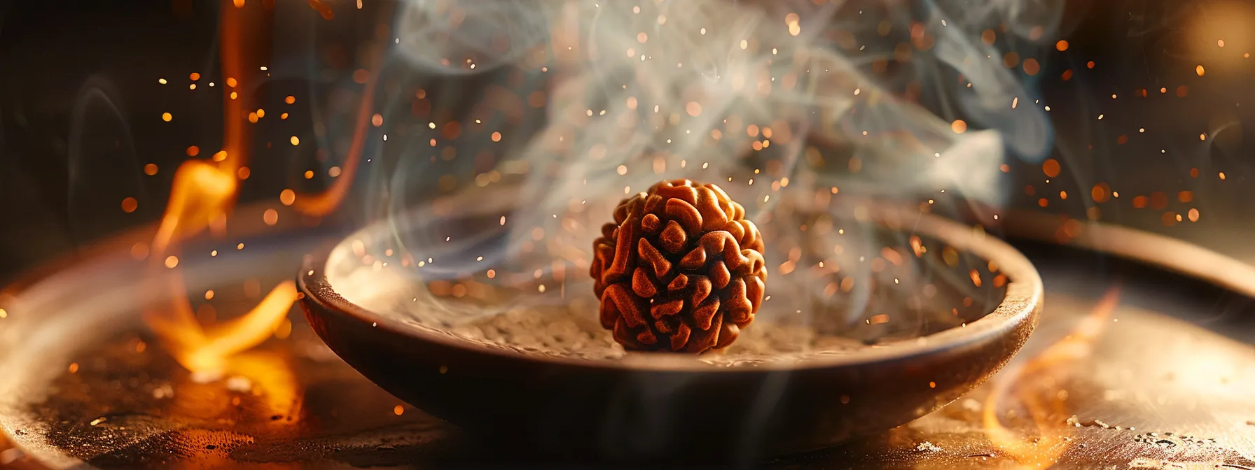 a close-up photo of a one mukhi rudraksha bead being cleansed and energized with a soft glow of positive energy surrounding it.