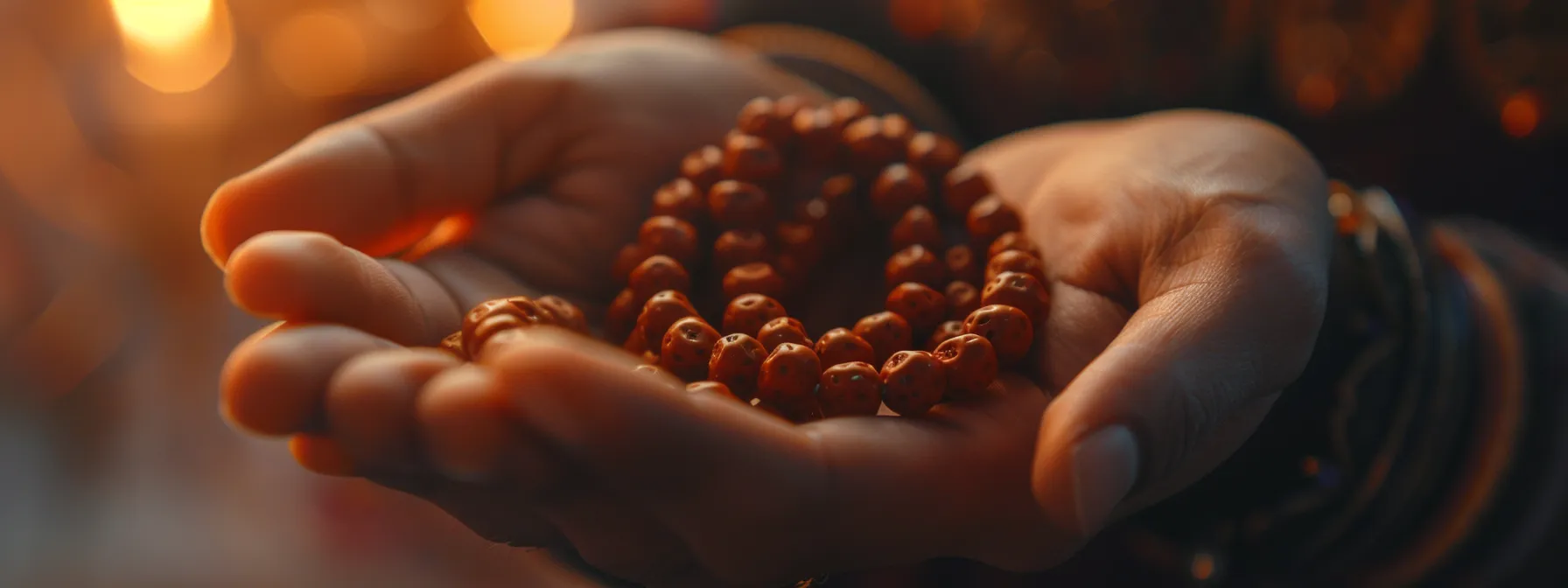 a close-up photo of a person holding a string of smooth, glossy rudraksha beads, symbolizing emotional balance and stability.