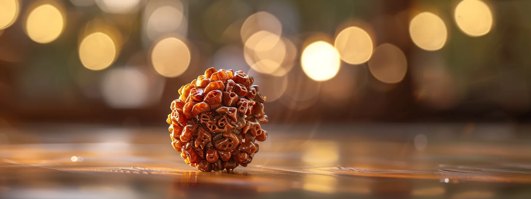 a close-up photo of a shimmering fifteen mukhi rudraksha bead, glistening with authenticity and spirituality.