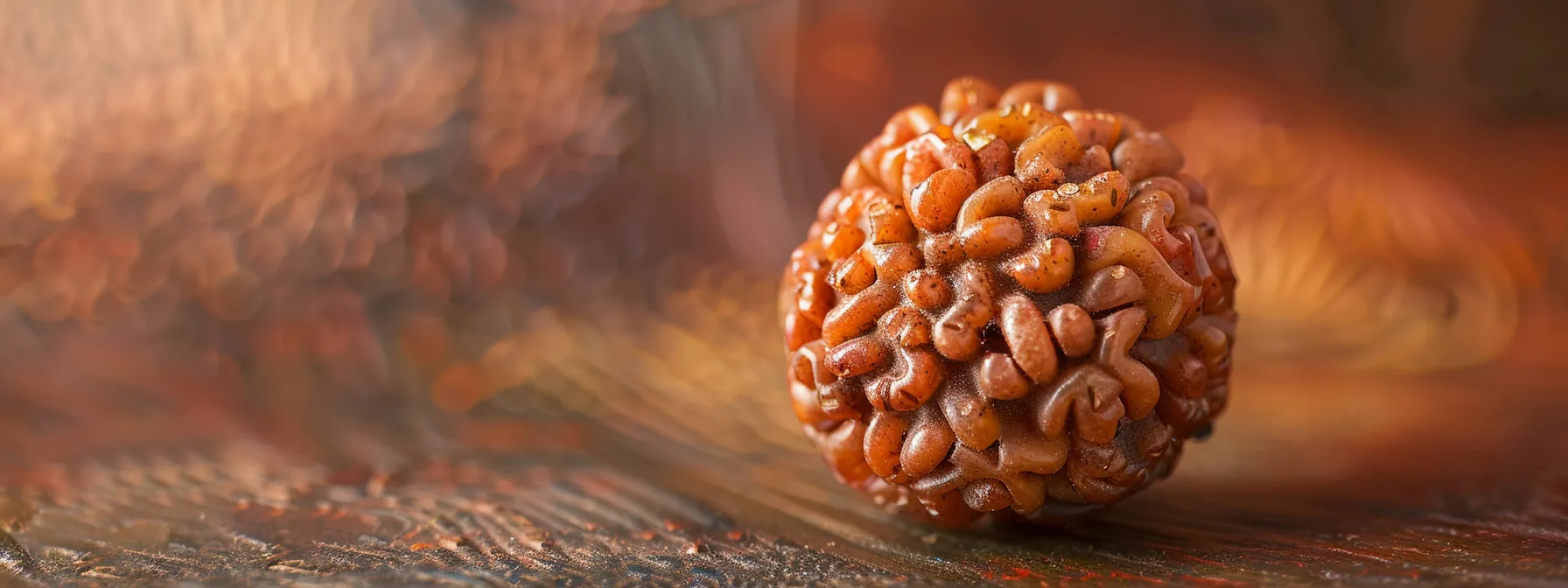 a close-up photo of a twelve mukhi rudraksha held against a textured background, showcasing its intricate details and unique symbolism.