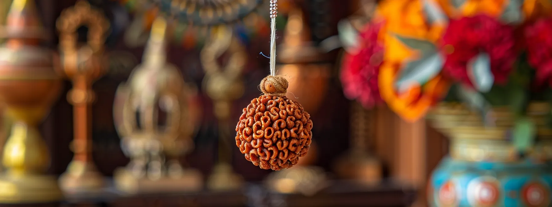 a close-up shot of a three mukhi rudraksha bead suspended on a simple thread against a backdrop of colorful cultural artifacts, symbolizing its profound historical and spiritual significance.