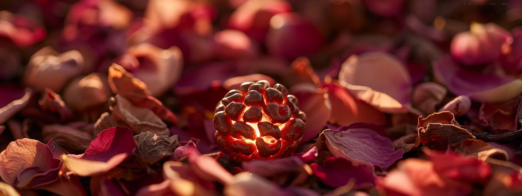 a close-up photo of a glowing, authentic four mukhi rudraksha bead resting on a bed of dried rose petals, radiating a serene energy and spiritual authenticity.