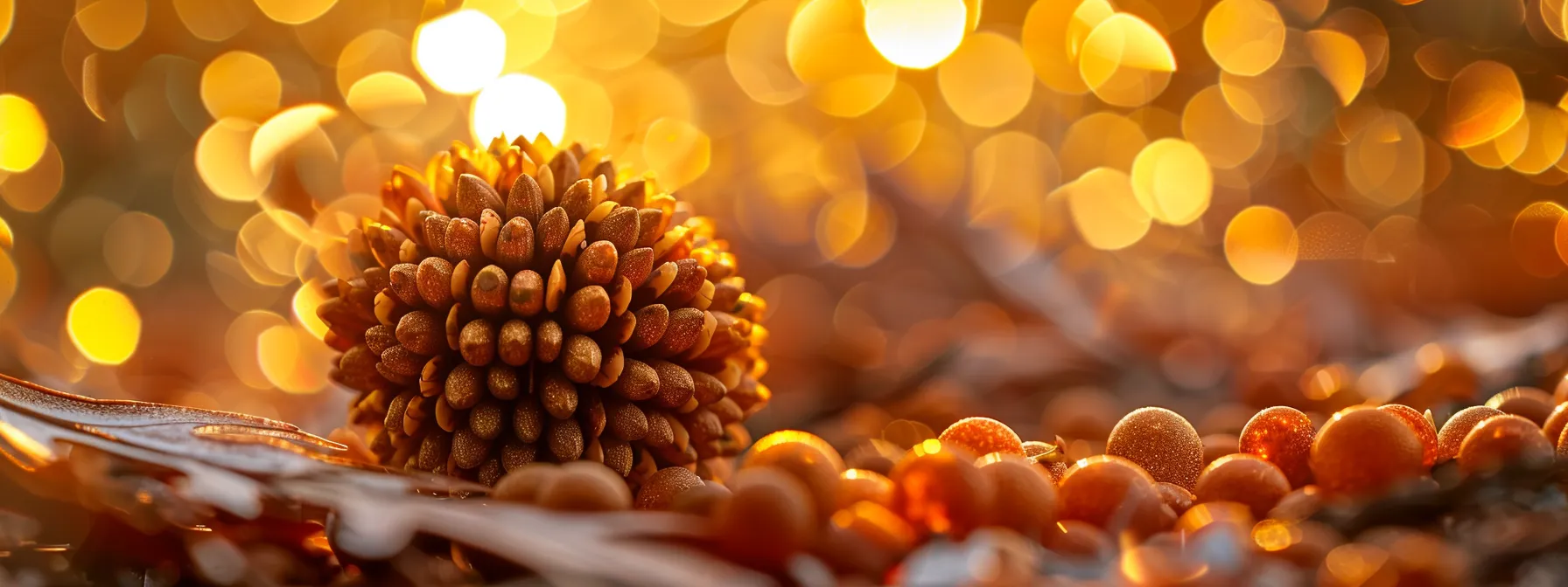 a close-up photo of a rudraksha bead under a sophisticated microscope, revealing intricate details for biochemical analysis.