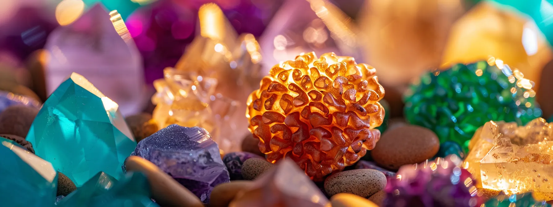 a close-up photo of a glowing rudraksha bead surrounded by colorful healing crystals, symbolizing the integration of traditional wisdom with modern holistic practices.