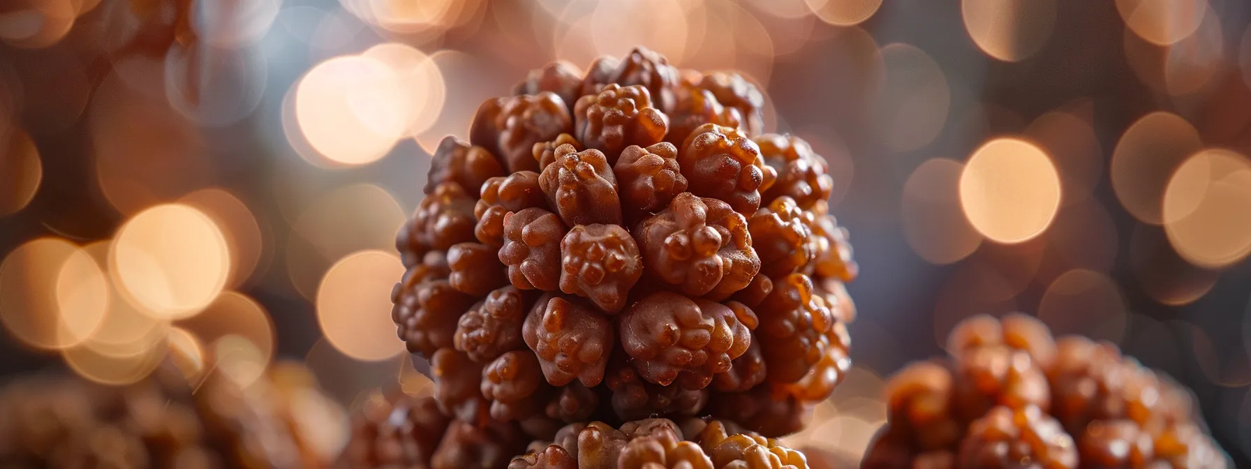 a close-up photo of a nine mukhi rudraksha showing clear mukhis, aligned perfectly, with natural holes and unique texture for authenticity verification.