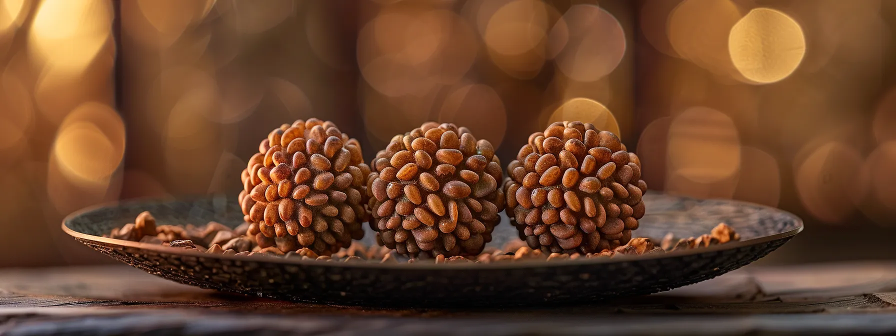 a close-up of the three mukhi rudraksha bead, showcasing its three distinct ridges and vibrant energy, symbolizing vitality and willpower.