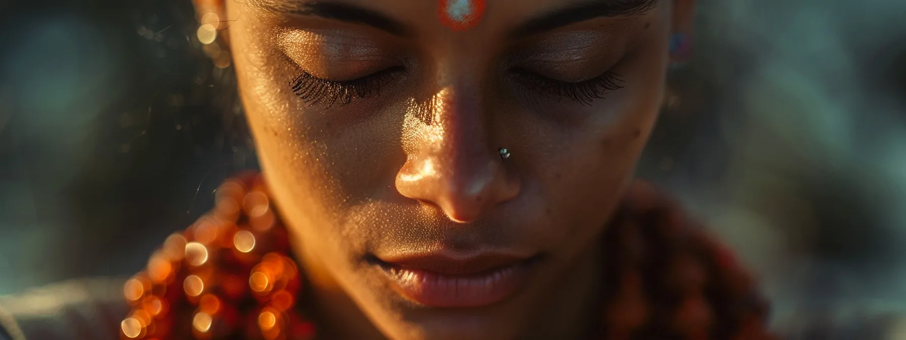 a close-up photo of a person meditating with a serene expression, rudraksha beads draped around their neck, symbolizing spiritual connection and inner peace.