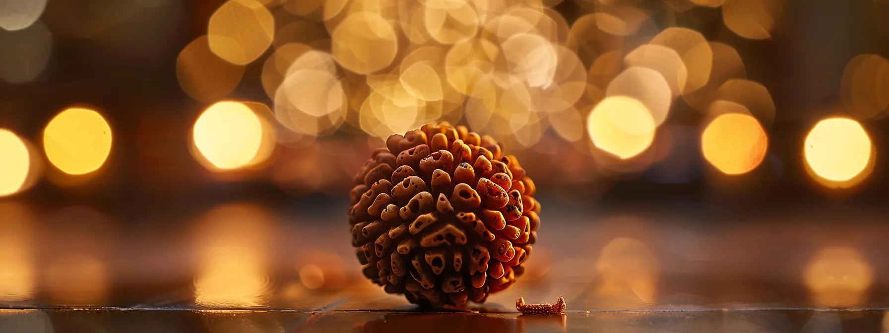 a close-up photo of a shining, authentic eleven mukhi rudraksha bead, highlighting its intricate details and quality.