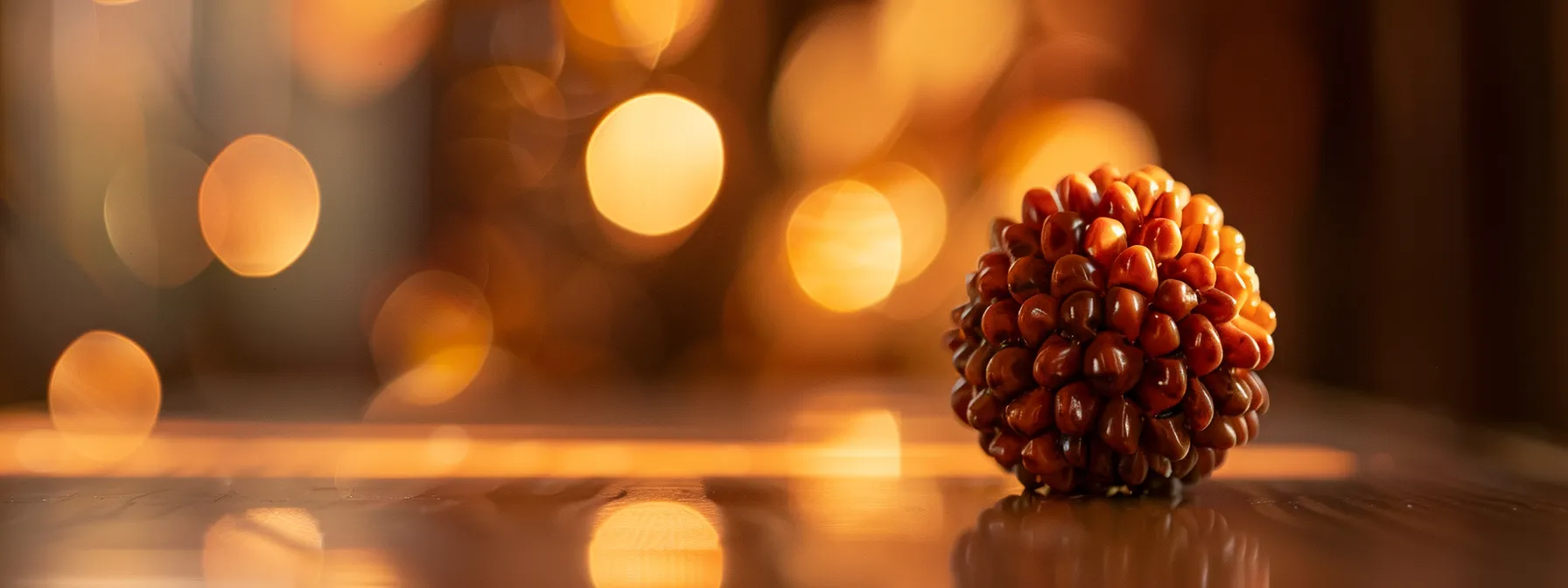 a close-up shot of a gleaming ten mukhi rudraksha, radiating a sense of spiritual energy and inner peace.