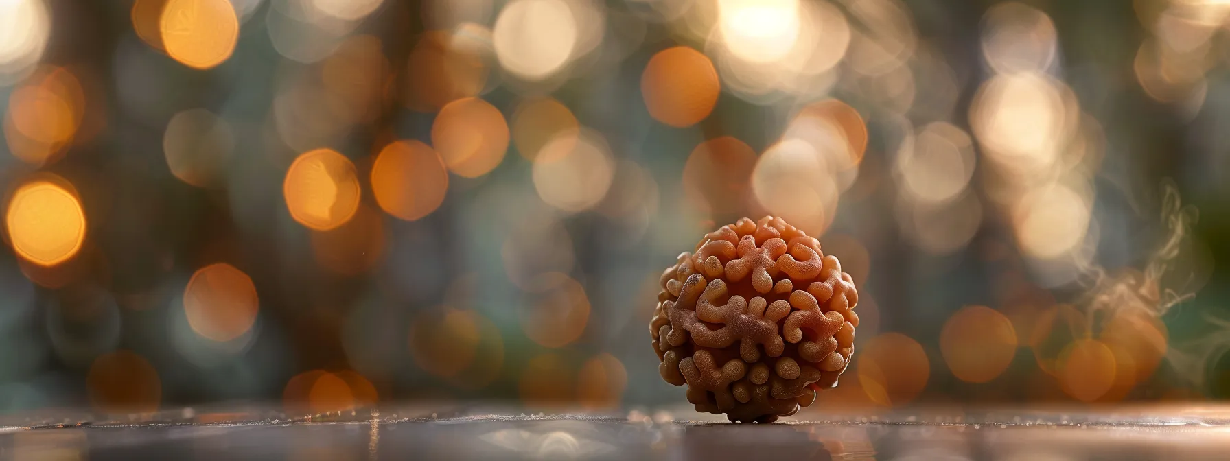 a close-up shot of a nine mukhi rudraksha bead, showcasing its intricate nine faces symbolizing inner peace and creativity, with a soft light highlighting its spiritual significance.