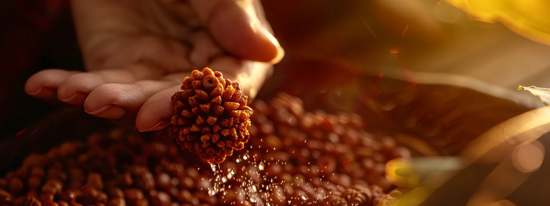 a close-up photo of a shimmering rudraksha bead being gently cleaned with a soft cloth, highlighting its natural beauty and spiritual significance.