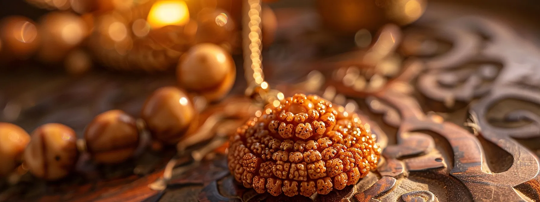 a close-up photo of a shimmering fifteen mukhi rudraksha pendant, radiating a sense of spiritual power and connection to the divine.