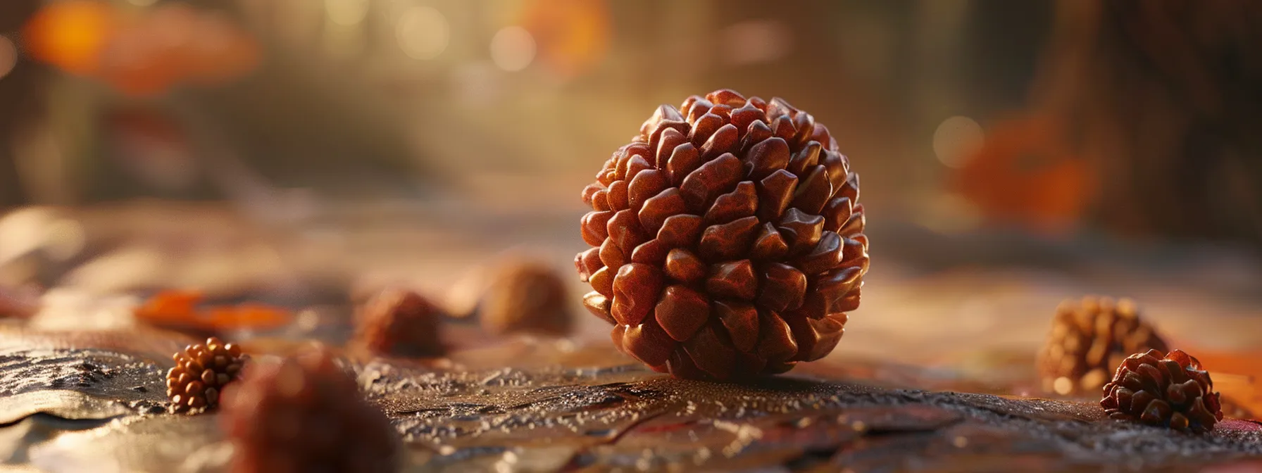 a close-up photo showing a four mukhi rudraksha bead with natural coloring and texture, highlighting its authenticity and spiritual significance.