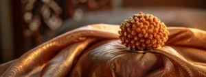 a close-up of a radiant twenty one mukhi rudraksha shining on a velvet cushion under soft lighting.