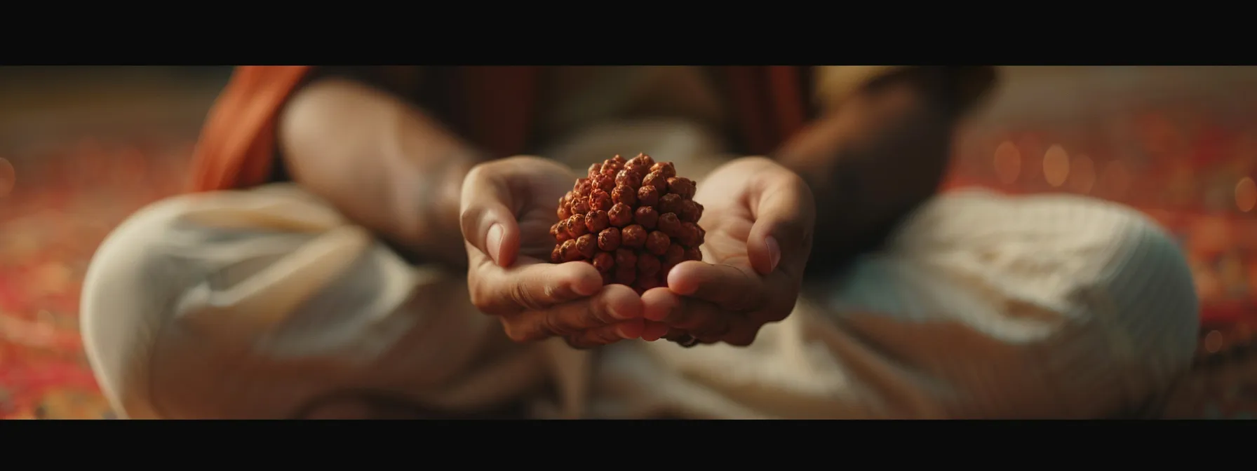 a close-up image of a person meditating with intense focus, wearing the eleven mukhi rudraksha bead.