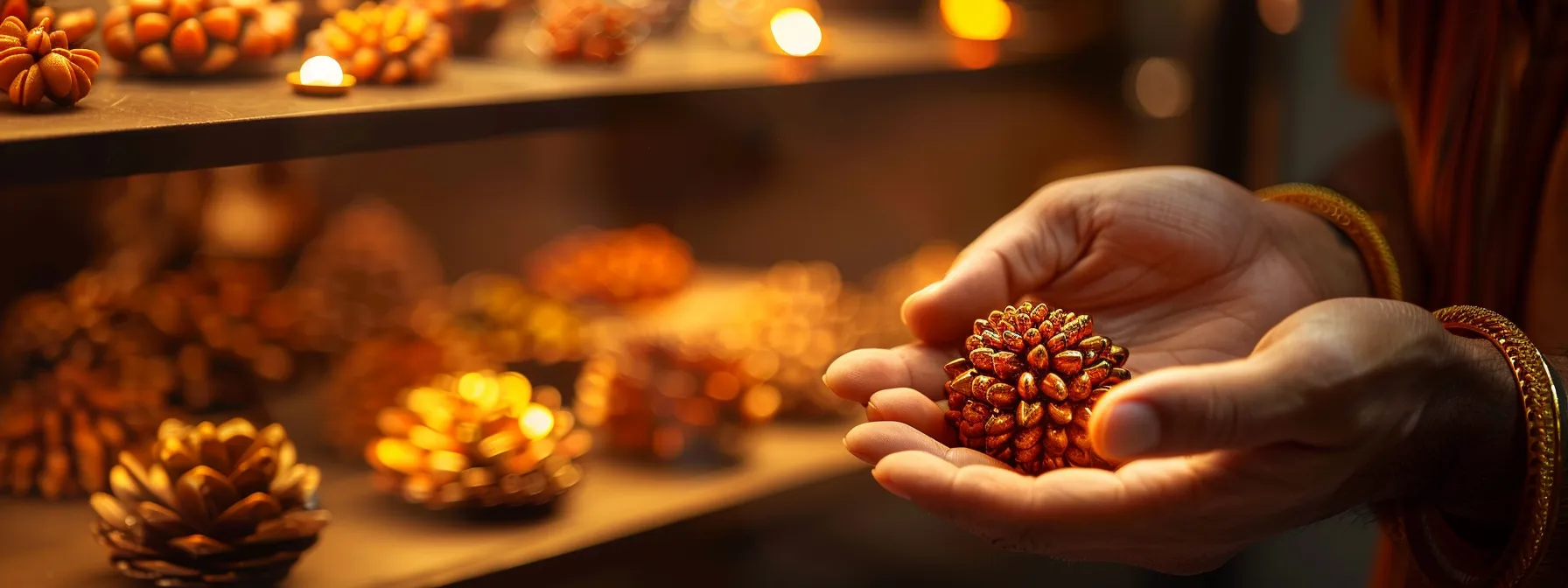 a close-up shot of a gleaming six mukhi rudraksha being carefully selected and admired by a spiritual seeker in a cozy, well-lit jewelry store.