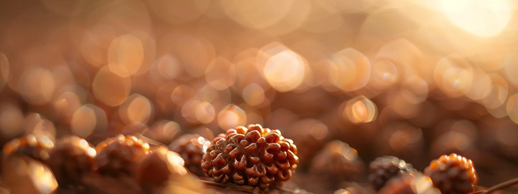 a close-up shot of a genuine twelve mukhi rudraksha bead, showcasing its intricate details and authenticity amidst a background of blurred replica beads.