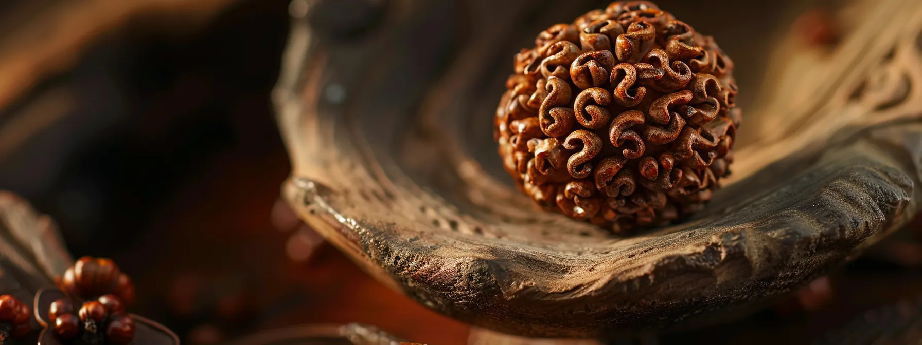 a close-up shot of a fifteen mukhi rudraksha bead showcasing its unique physical characteristics, like texture and color, under soft, natural lighting for authenticity verification.