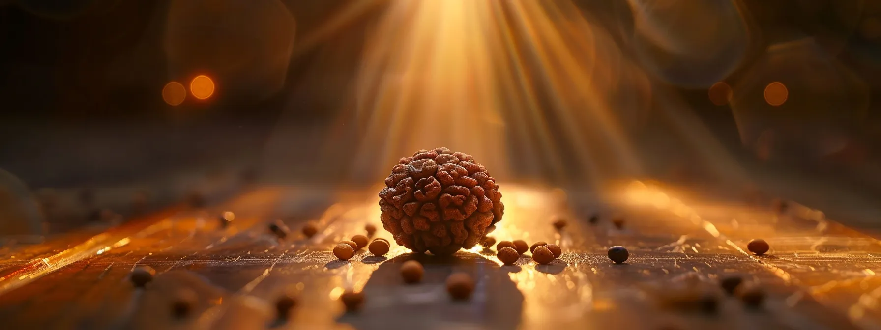 a close-up photo of a single rudraksha bead shining under a beam of light, symbolizing its spiritual power and mystical allure.