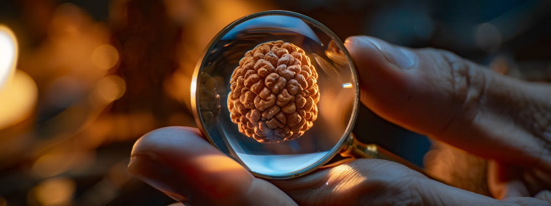 a close-up of a one mukhi rudraksha under a magnifying glass, revealing intricate details for authenticity verification.