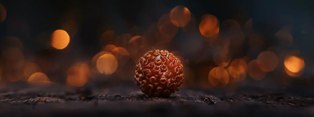 a close-up shot of a shimmering ten mukhi rudraksha bead against a dark background, showcasing its intricate markings and divine aura.