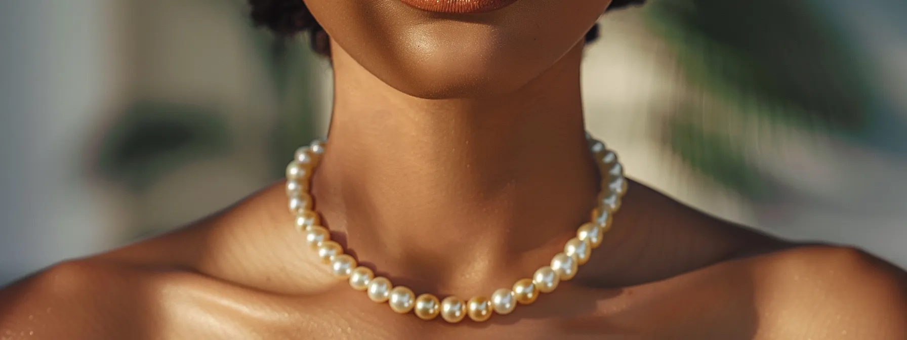 a close-up shot of a radiant woman wearing a shimmering golden pearl necklace that perfectly complements her warm skin tone.