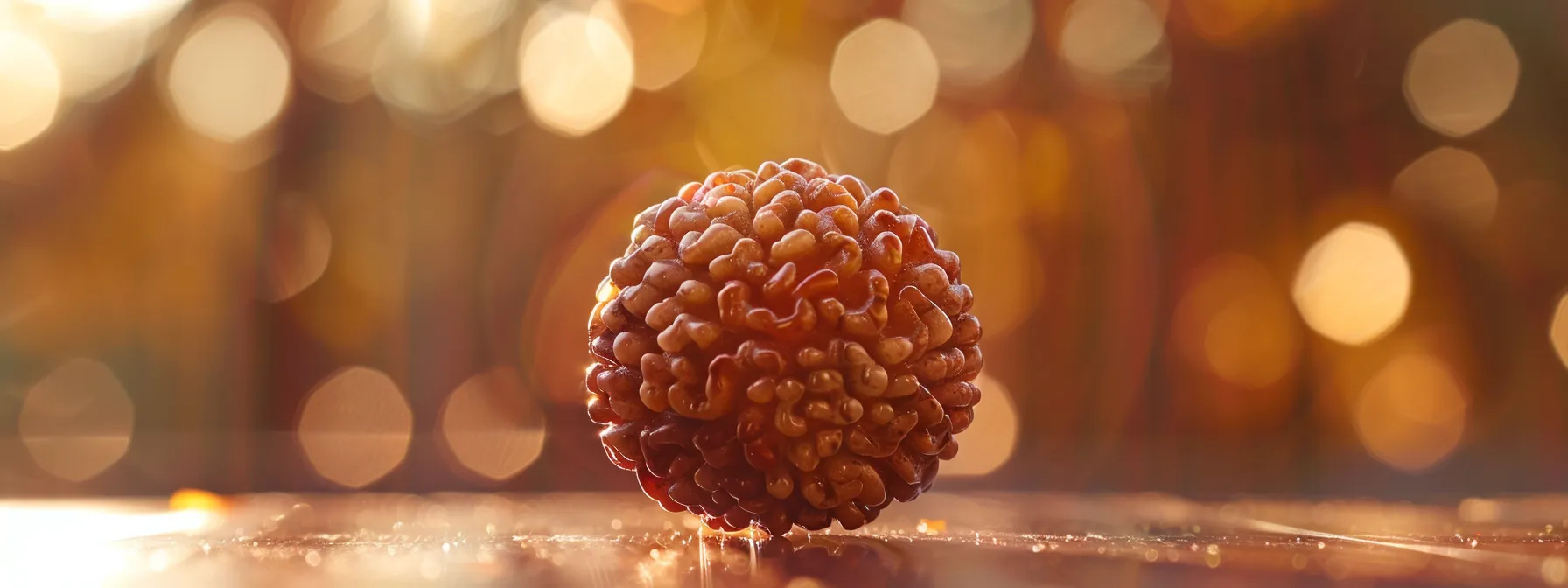 a close-up photo of a gleaming rudraksha bead, radiating mystical energy and spiritual significance.