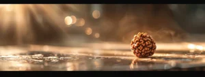 a close-up shot of a three-faced rudraksha bead under bright light, showcasing its intricate details and authenticity.