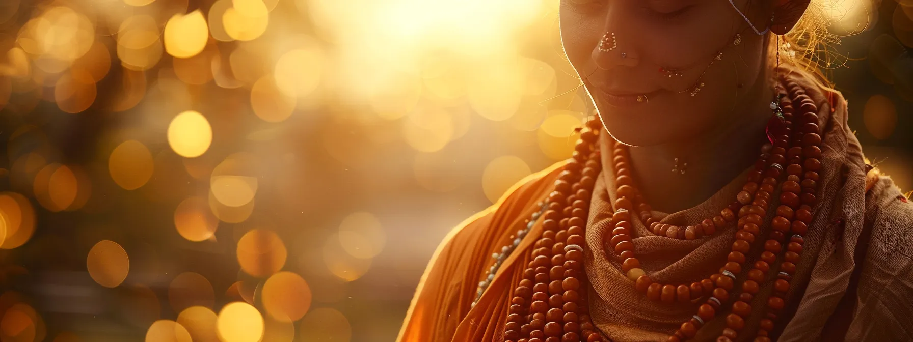 a close-up of a serene individual wearing rudraksha beads, radiating peace and tranquility, surrounded by glowing testimonials and wise recommendations from spiritual leaders.