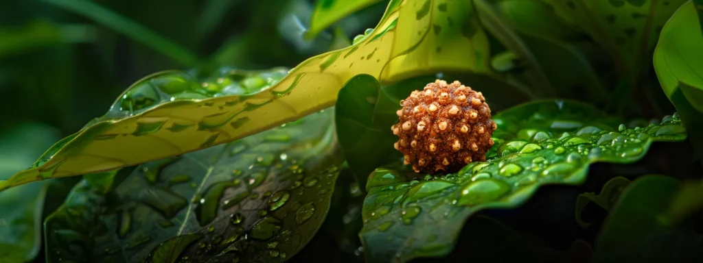 a close-up shot of a shimmering eight mukhi rudraksha bead resting on a bed of vibrant green leaves.