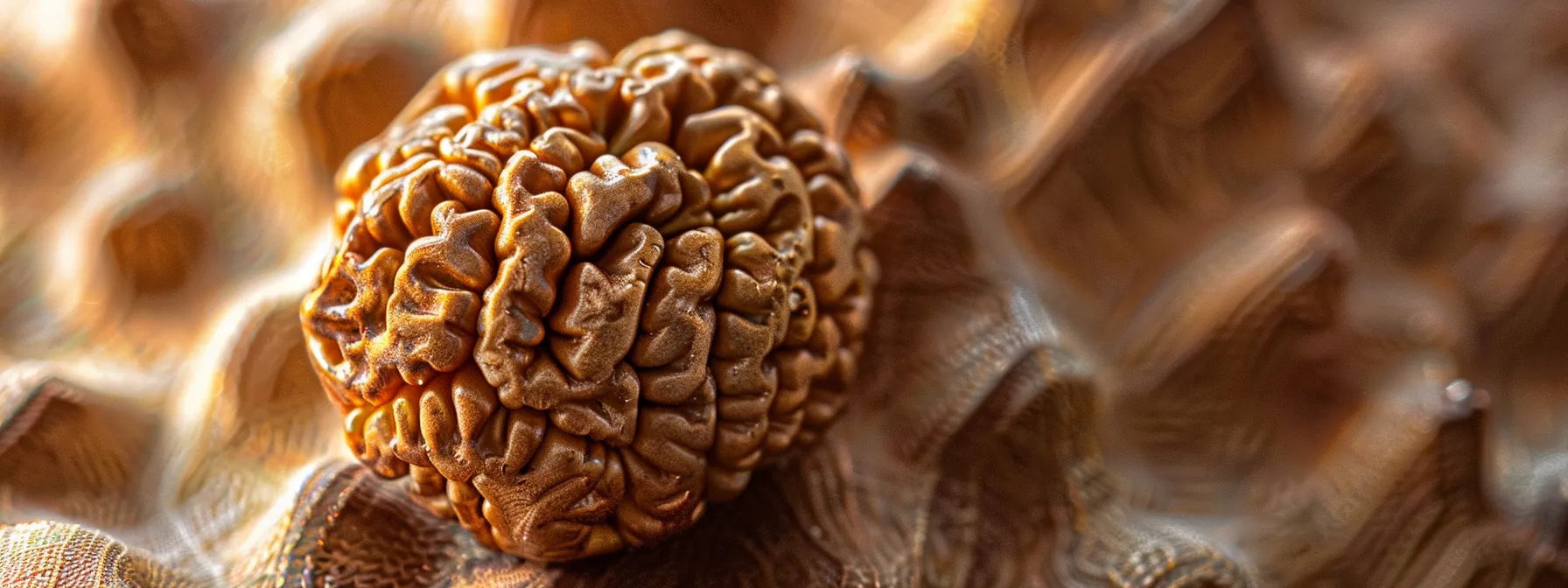 a close-up photo of a shimmering twenty mukhi rudraksha bead, symbolizing ancient wisdom and holistic health benefits.