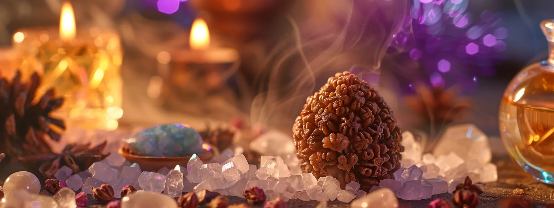 a close-up shot of a three mukhi rudraksha bead surrounded by a variety of healing crystals and essential oils, creating a serene and mystical atmosphere.