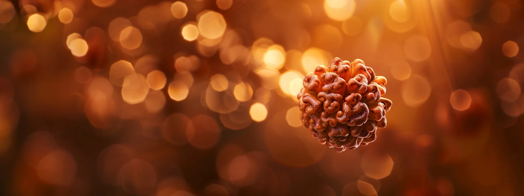 a close-up shot of a shimmering, authentic fifteen mukhi rudraksha bead, radiating a powerful spiritual energy.