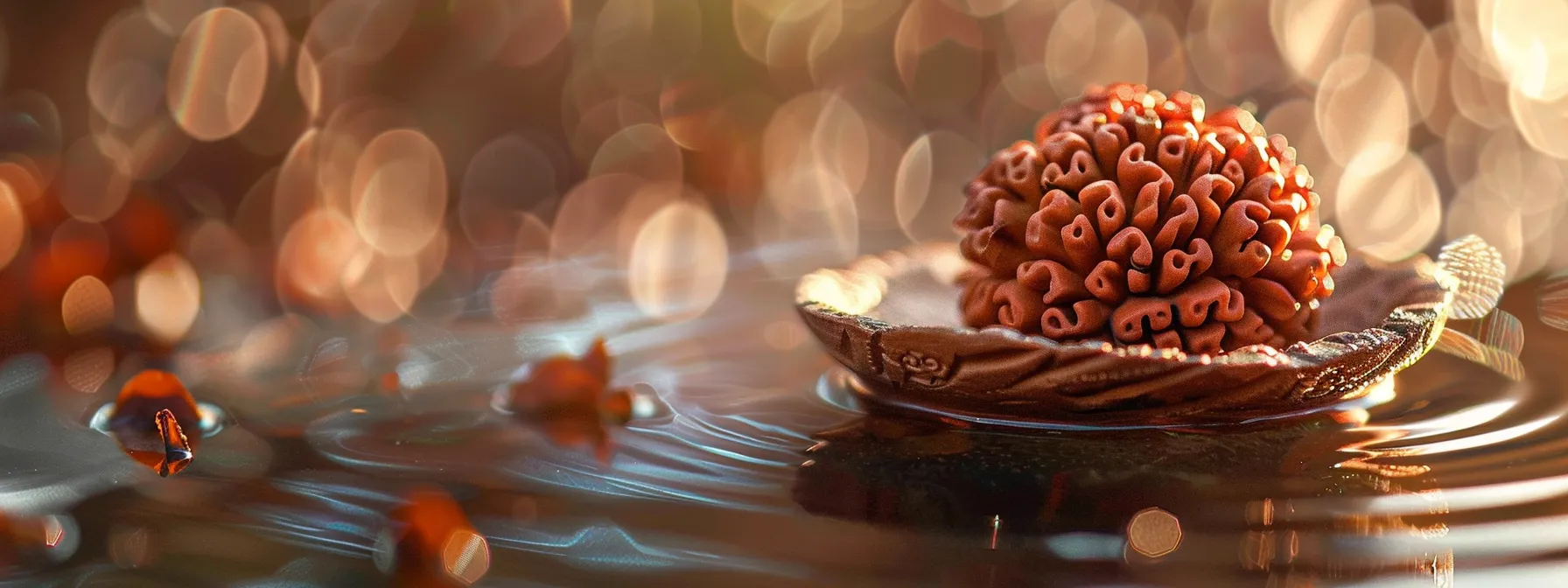 a close-up of a three mukhi rudraksha gleaming with spiritual energy, symbolizing knowledge, guidance, and healing properties.