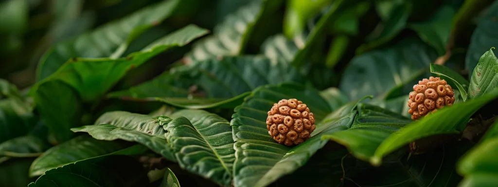 a close-up shot of a shimmering, intricately carved nine mukhi rudraksha bead resting on a bed of vibrant green leaves.