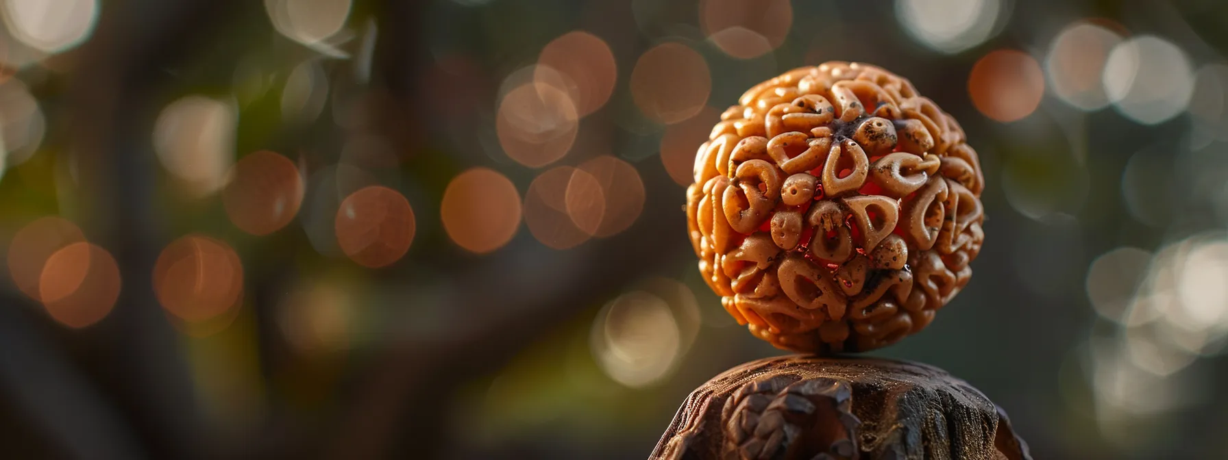 a close-up photo of a four mukhi rudraksha bead, showcasing its distinctive physical characteristics under a soft, natural light.