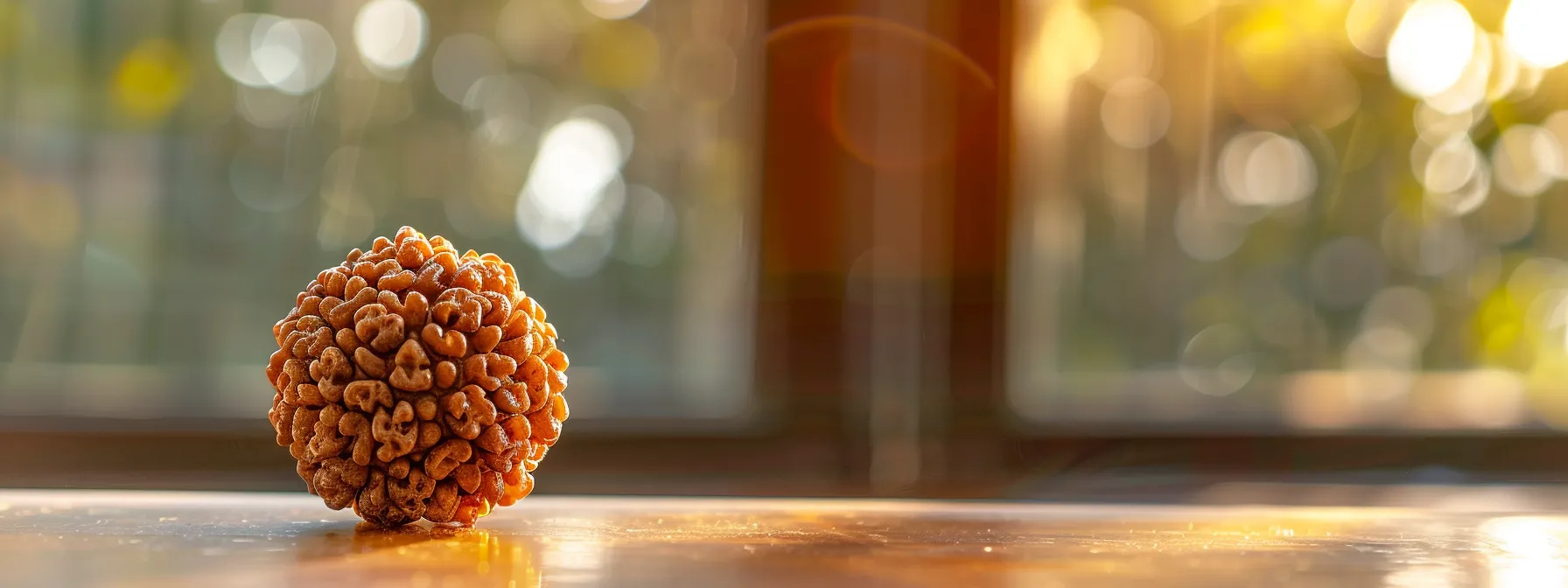 a close-up photo of a shiny thirteen mukhi rudraksha bead, radiating with unique energy and symbolizing holistic health solutions.