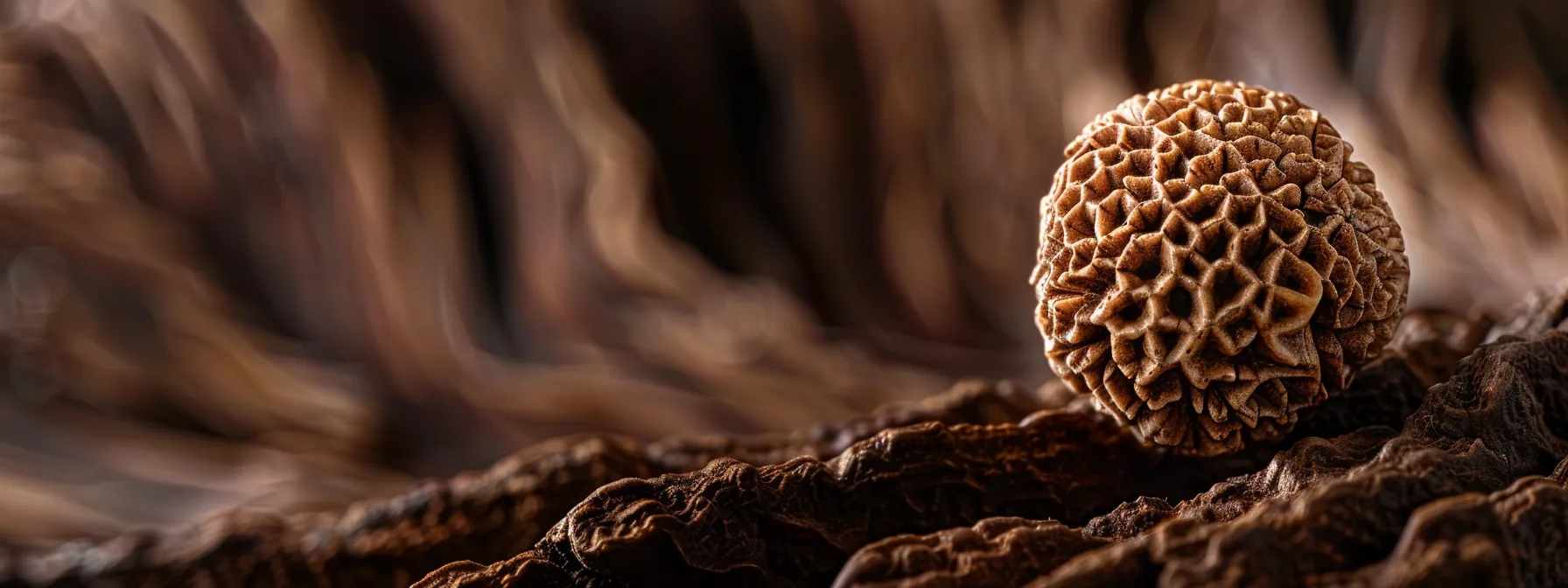 a close-up photo showcasing the natural lines and surface texture of a genuine three mukhi rudraksha, highlighting its authenticity and spiritual significance.