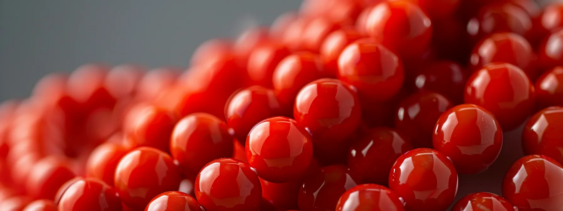 a close-up photo of a vibrant red coral bead necklace, radiating positive energy and promoting emotional well-being.