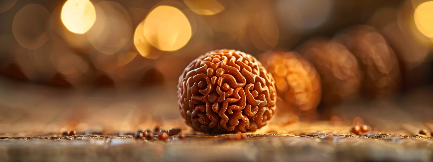 a close-up photo of an intricately carved eighteen mukhi rudraksha bead shimmering with spiritual energy.