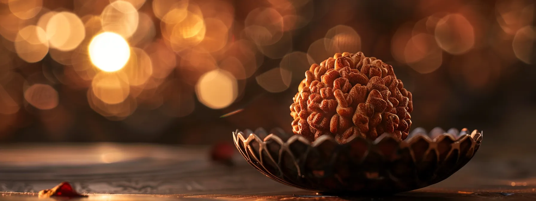 a close-up photo of a one mukhi rudraksha bead illuminated by a soft, natural light, showcasing its intricate texture and spiritual significance.