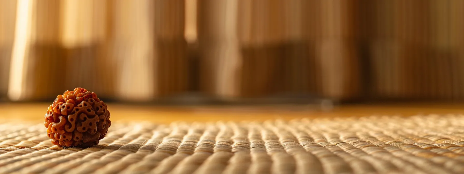 a close-up shot of a well-maintained, sacred eight mukhi rudraksha bead resting on a soft, cushioned surface in a serene, clutter-free environment.